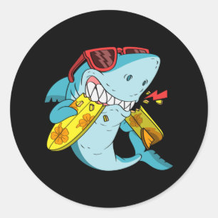 angry shark bite a surfboard classic round sticker