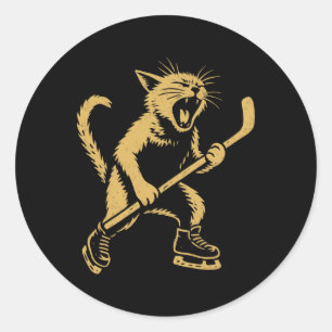 Angry Skating Cat Playing Ice Hockey Graphic Classic Round Sticker