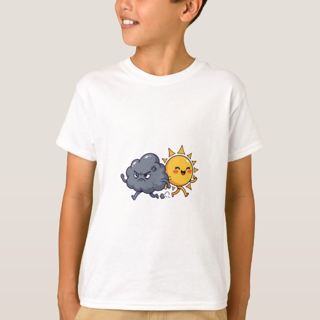Angry Storm Cloud Chasing Happy Sun Kids T-Shirt (Front)
