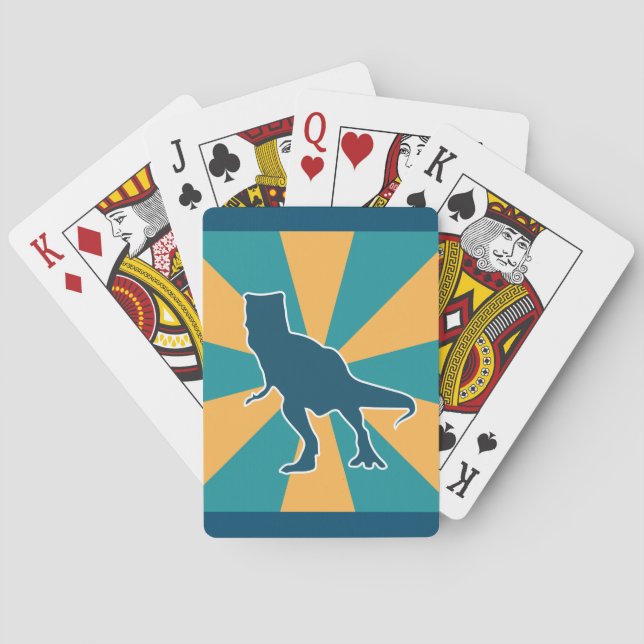 Angry T-rex dinosaur cartoon yellow and blue Playing Cards (Back)