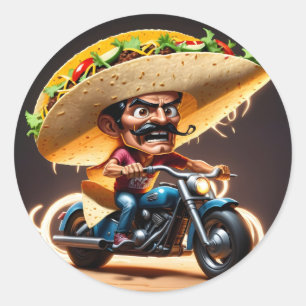 Angry taco biker cartoon character classic round sticker