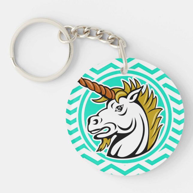 Angry Unicorn; Aqua Green Chevron Keychain (Front)