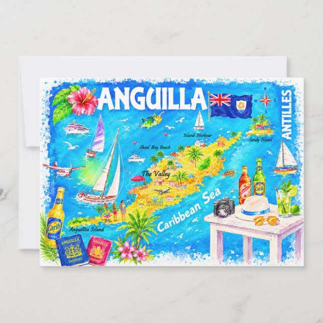 Anguilla Caribbean Watercolor Map Postcard (Front)