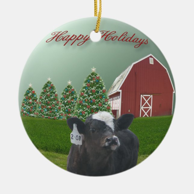 Angus Calf Holiday Ceramic Ornament (Front)