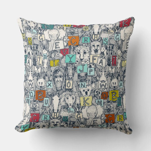 animal ABC indigo multi Throw Pillow (Front)