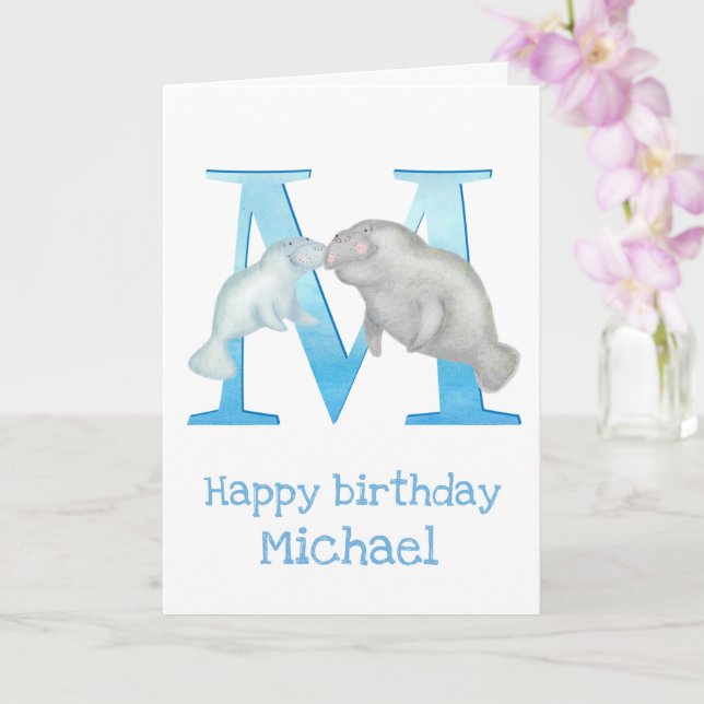 Animal ABC M is for manatee birthday card (Orchid)