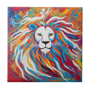 Animal abstract white lion colourful tile