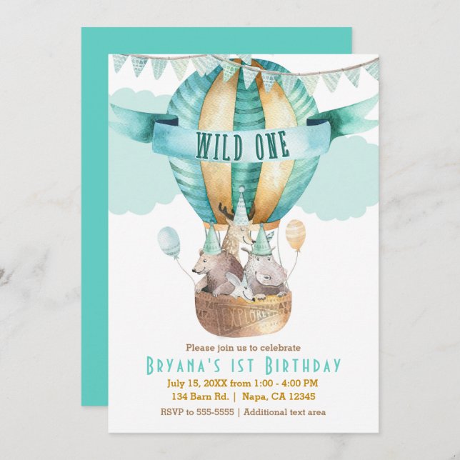 Animal Adventure Watercolor Boho WILD ONE 1st Invitation (Front/Back)