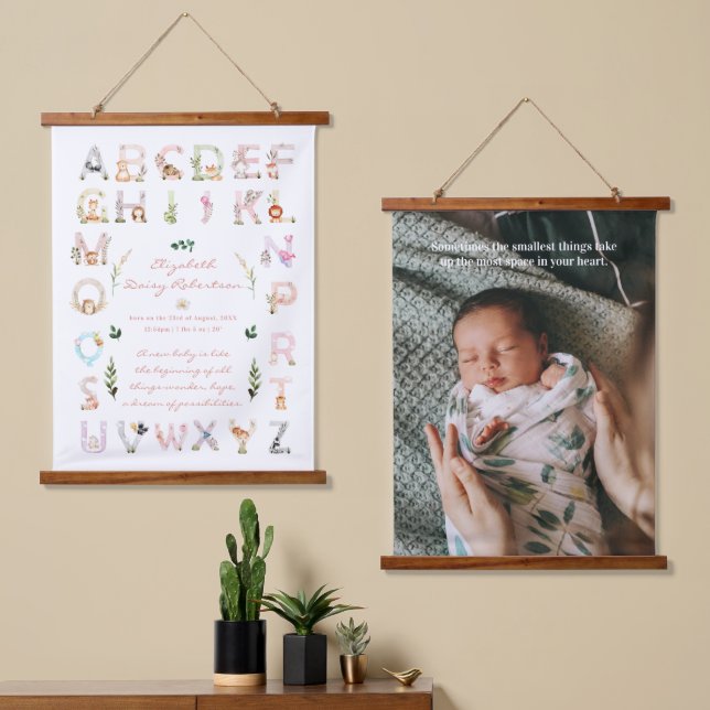 Animal Alphabet | Nursery Birth Stats & Photo Hanging Tapestry (Asymmetrical)