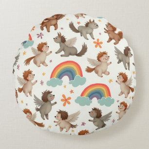 Animal Angels in Happy Land Round Pillow
