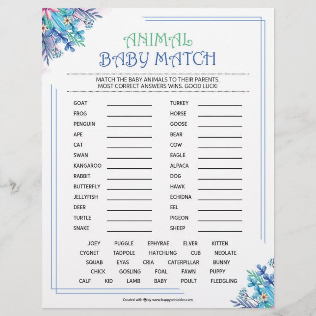 Animal Baby Match [Blue Floral Theme] Letterhead (Front)