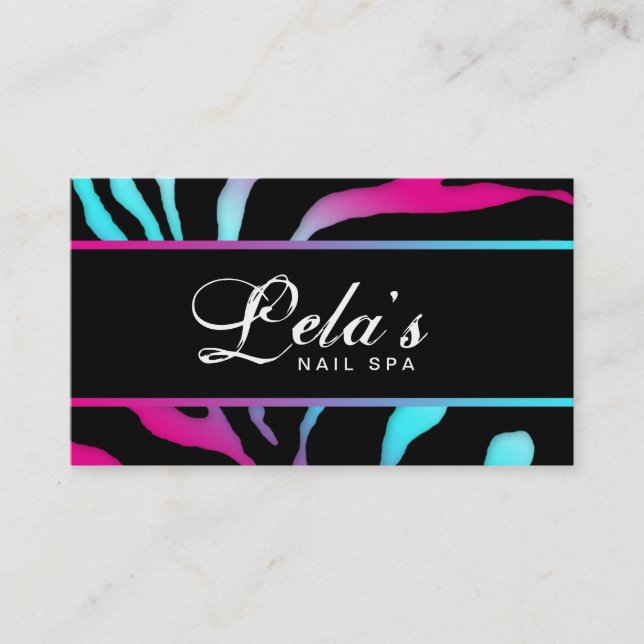 Animal Business Card Zebra Nail Salon Blue Pink (Front)