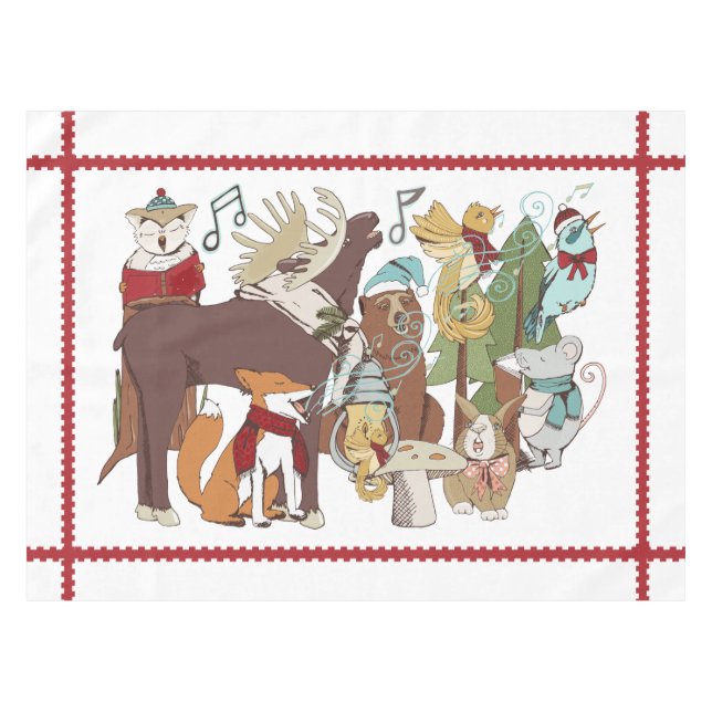 Animal Christmas Carolers White Holiday Tablecloth (Front (Horizontal))
