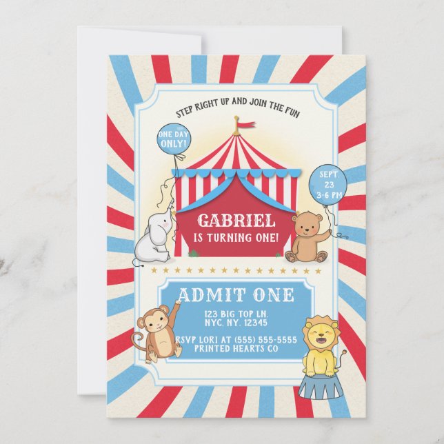 Animal Circus Birthday Invitation | Red White Blue (Front)
