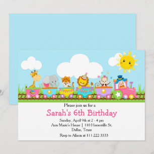 Animal Circus Train Kids Birthday in Pink Invitation