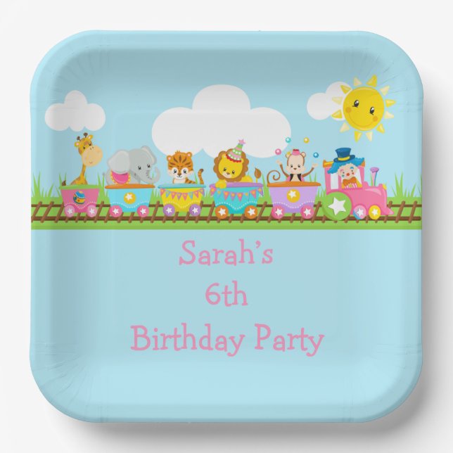 Animal Circus Train Kids Birthday in Pink Paper Plate (Front)