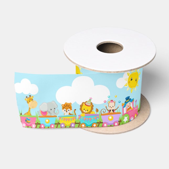Animal Circus Train Kids Birthday in Pink Satin Ribbon (Spool)