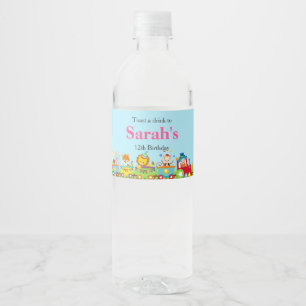 Animal Circus Train Kids Birthday in Pink Water Bottle Label