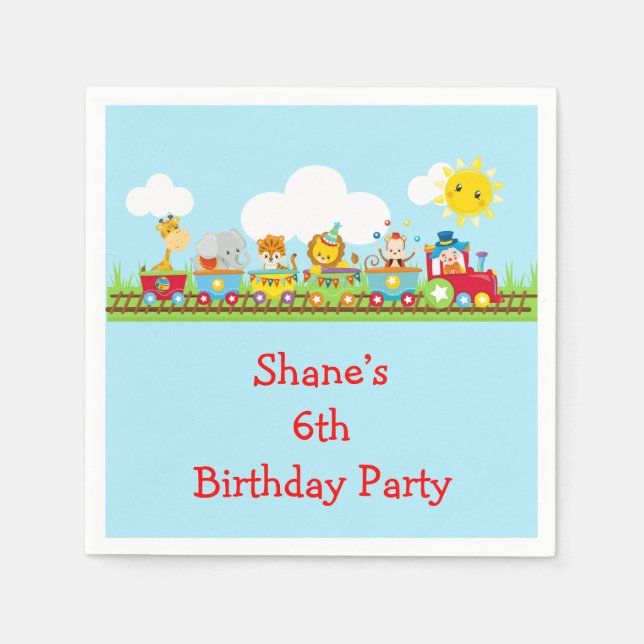 Animal Circus Train Kids Birthday in Red Napkin (Front)