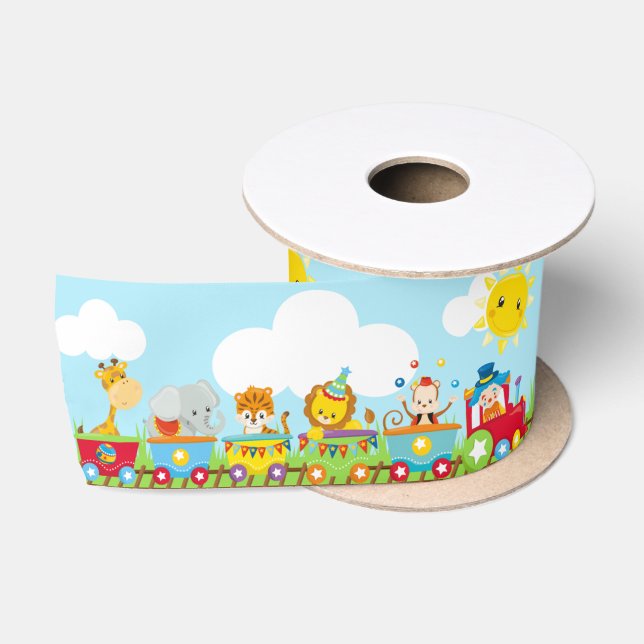 Animal Circus Train Kids Birthday in Red Satin Ribbon (Spool)