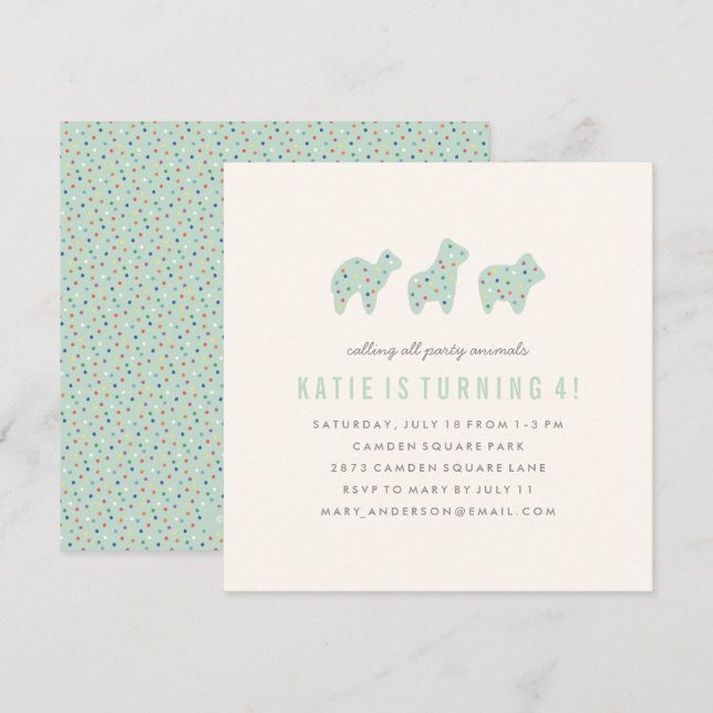 Animal Cookie Birthday Invitation - Mint (Front/Back)