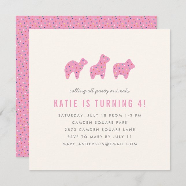 Animal Cookie Birthday Party Invitation - Magenta (Front/Back)