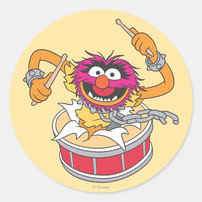 Animal Crashing Through Drums Classic Round Sticker (Front)