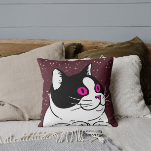Animal Cute Pet Cat Pink White Black Burgundy Throw Pillow