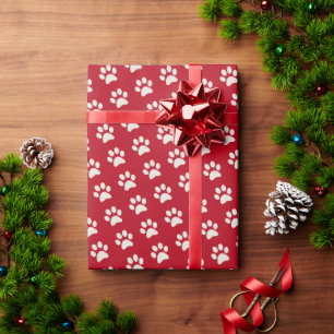 Animal Dog Cat Pet Paw Print Pattern Red & White Wrapping Paper