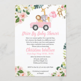 Animal Drive By Baby Shower Invitations for Girls