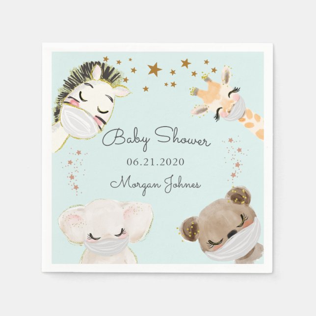 animal face masks baby shower monogram napkins (Front)