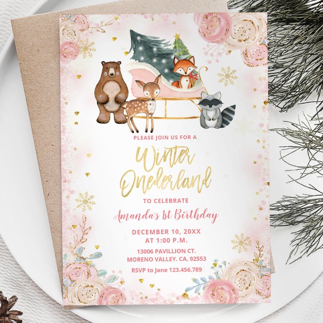 Animal Forest Pink Winter Onederland Birthday Invitation (Creator Uploaded)