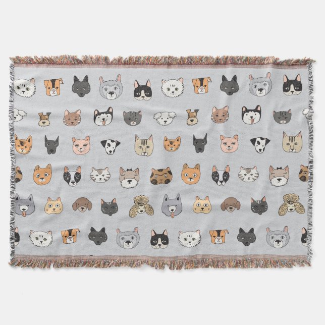 Animal Fun: Cats Dogs Doodle Mix Throw Blanket (Front)