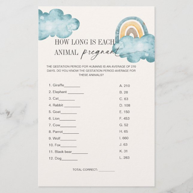 Animal Gestation Baby Shower Game Card (Front)