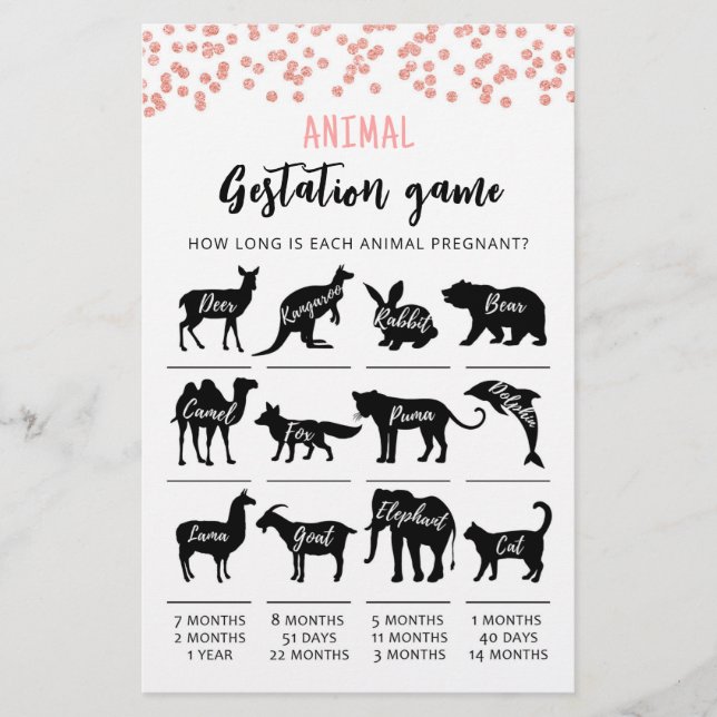 Animal Gestation with Answers Baby Shower Game (Front)