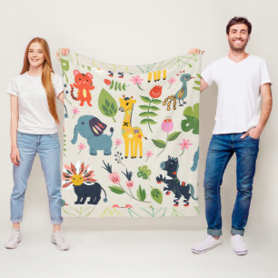 Animal Jungle Pastel Leaf Pattern Fleece Blanket