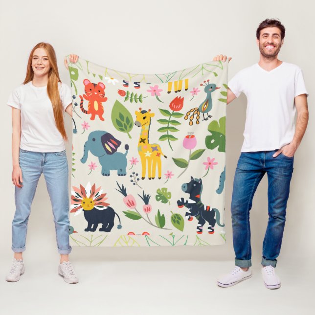 Animal Jungle Pastel Leaf Pattern Fleece Blanket (In Situ)