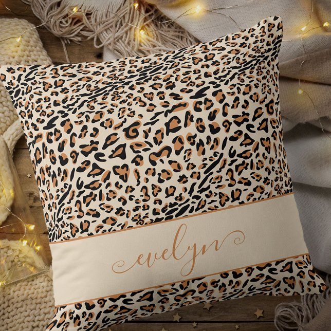 Animal Leopard Print Cream Black Tan Personalized Throw Pillow (Creator Uploaded)