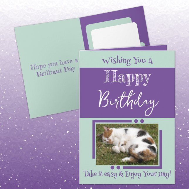 Animal lover add photo purple green birthday card (Creator Uploaded)