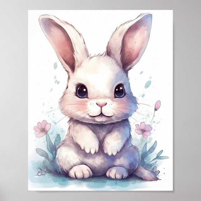 Animal Lover Watercolor Illustration Cute Bunny Poster (Front)