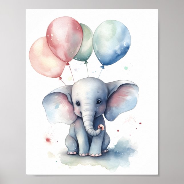 Animal Lover Watercolor Illustration Cute Elephant Poster (Front)