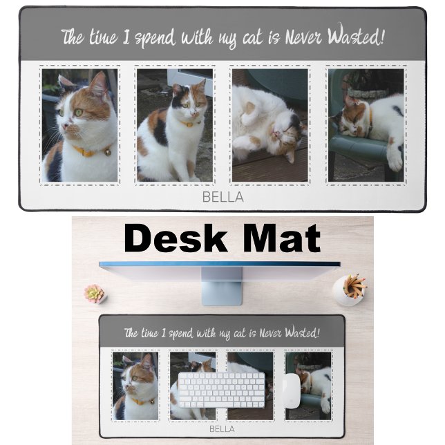 Animal lovers cats 4 photo name white grey desk mat (Creator Uploaded)