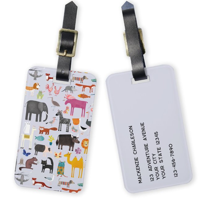 Animal Menagerie Luggage Tag (Fun animal menagerie with wild, safari, zoo, pet animals and birds pattern personalized luggage tag)