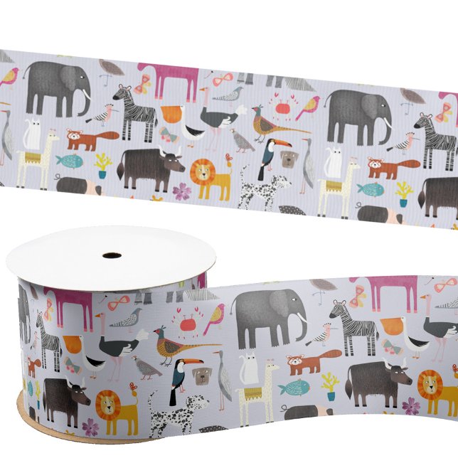 Animal Menagerie Satin Ribbon (Fun animal menagerie with wild, safari, zoo and pet animals and birds pattern satin ribbon)