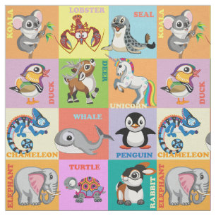 Animal Names with Cartoon Animal Pictures Fabric