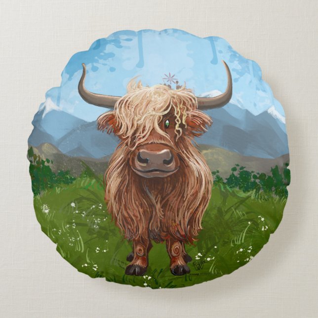 Animal Parade Highland Cow Round Pillow (Front)