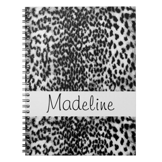 Animal pattern, black, white, monogram notebook (Front)