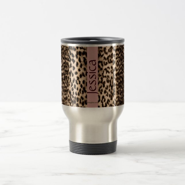 Animal pattern, brown, pink, monogram travel mug (Center)