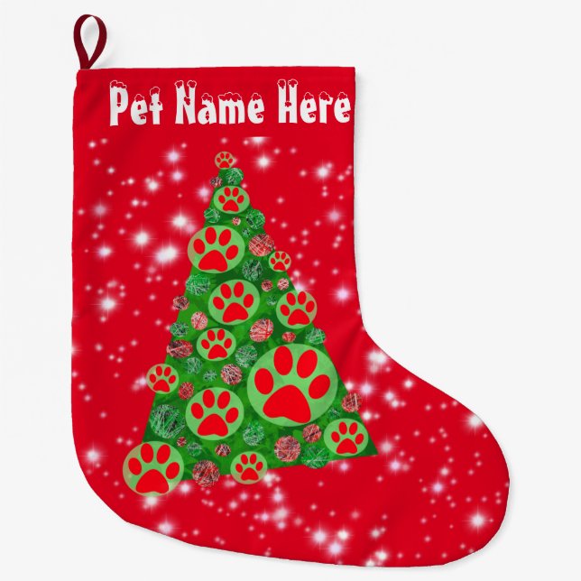 Animal Paw Red Silhouette Big Christmas Tree  Large Christmas Stocking (Front)
