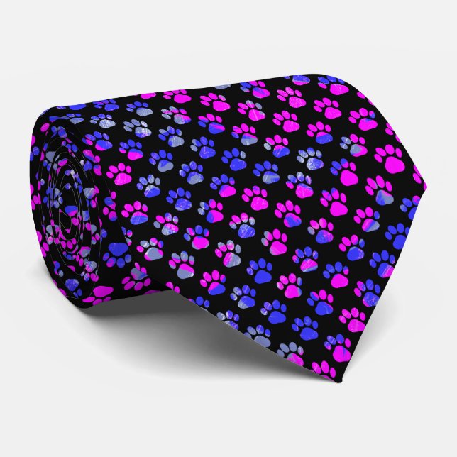 Animal Paw Silhouette Blue Pink on Black Neck Tie (Rolled)